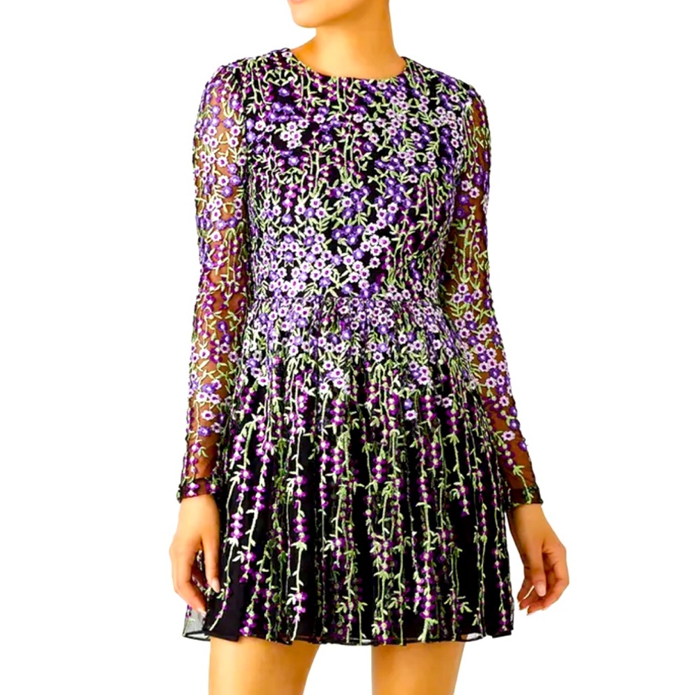 Pleated Dress Badgley Mischka Embroidered Mesh Dress Badgley Mischka Green  Sequin Mini Dress V-Neck Flutter